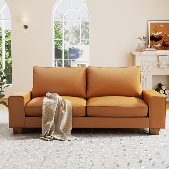 Modern Faux Leather Loveseat Sofa, Compact Small Couch with Spring Cushions & Solid Wood Frame, Easy-Clean Removable Cover, Living Room Office Apartment Furniture (71.25", Brown)