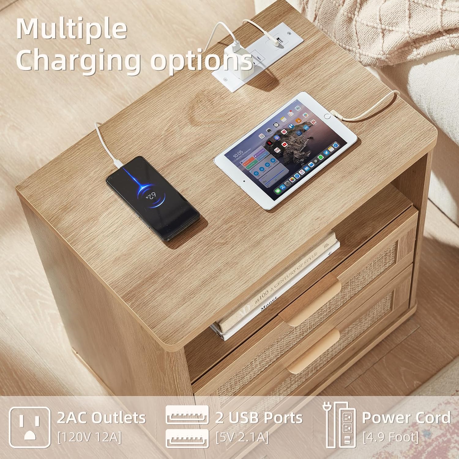 LEYAOYAO Rattan Nightstands Set of 2 with Charger Station, 23" Wide Boho Night Stand with 2 Drawers, Natural Wood Bedside Table Open Shlef, Bed Side End Table Dresser for Bedroom, Living Room Hallway