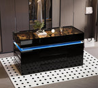 Luxury Glossy Closet Island with 16 Drawers, Modern LED Wardrobe Armoire Island with Glass Top, Luxury Walk-in Closet Island for Cloakroom (Black)