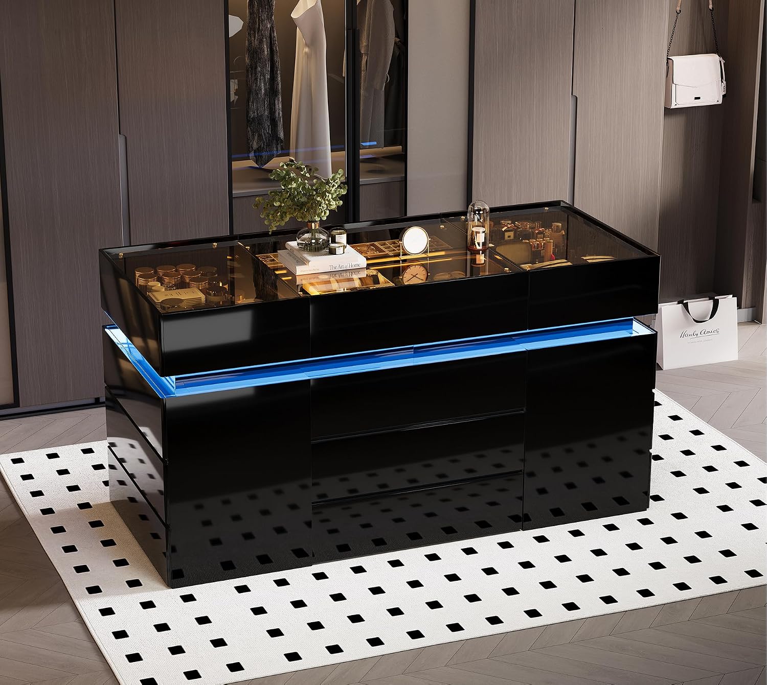 Luxury Glossy Closet Island with 16 Drawers, Modern LED Wardrobe Armoire Island with Glass Top, Luxury Walk-in Closet Island for Cloakroom (Black)