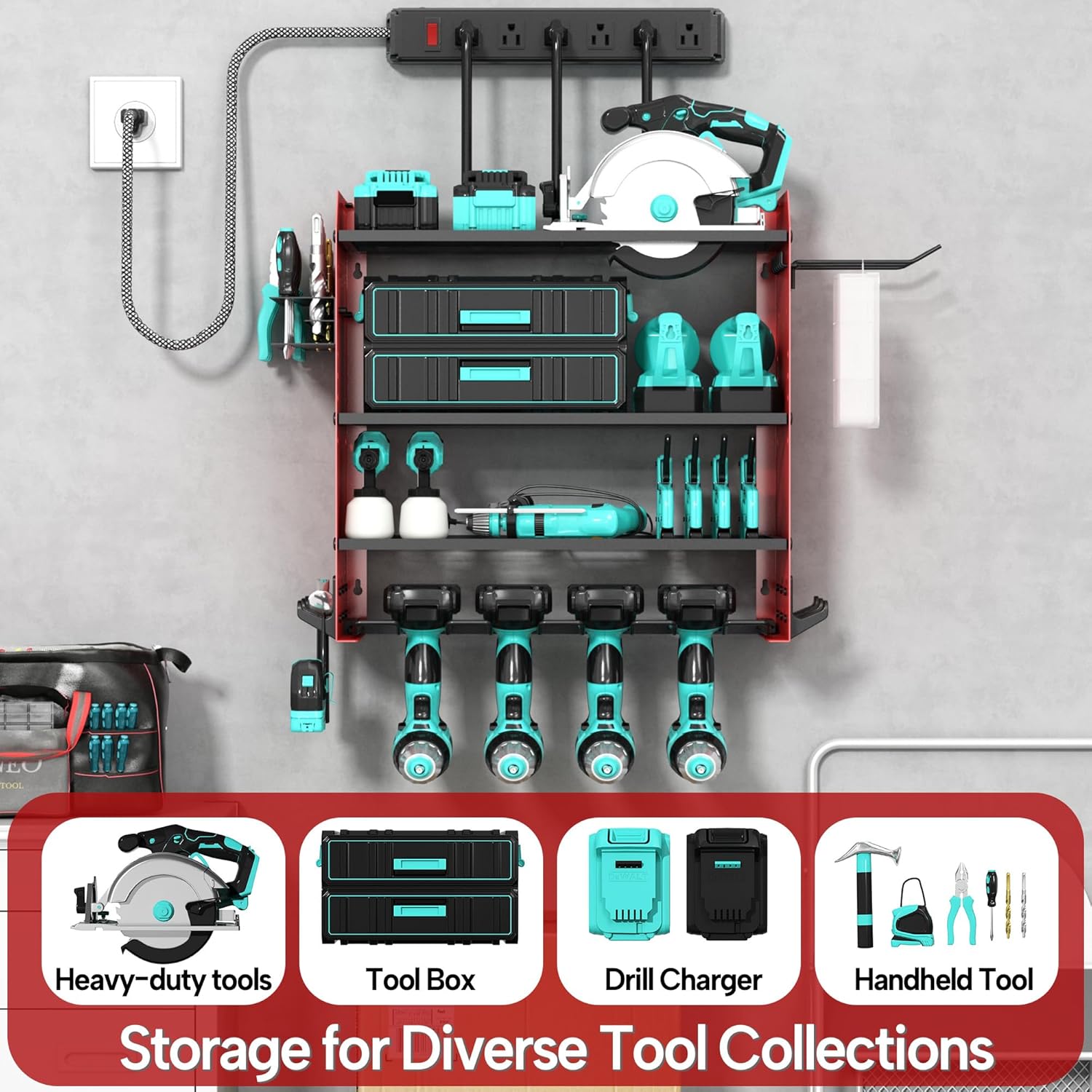 4 Layer Heavy Duty Power Tool Organizer Wall Mount with Charging Station, Adjustable Metal Storage Rack, 6 Outlets Power Strip, Drill Holders, Hooks & Drill Bit Rack for Garage, Workshop, Red