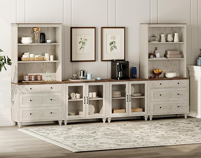 WAMPAT Entertainment Center with Bookshelves with Glass Doors & Drawer, Farmhouse Wall Unit TV Stand for TVs up to 75", Media Console Table for Living Room, Bedroom & Home Theater, Rustic White