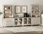 WAMPAT Entertainment Center with Bookshelves with Glass Doors & Drawer, Farmhouse Wall Unit TV Stand for TVs up to 75", Media Console Table for Living Room, Bedroom & Home Theater, Rustic White