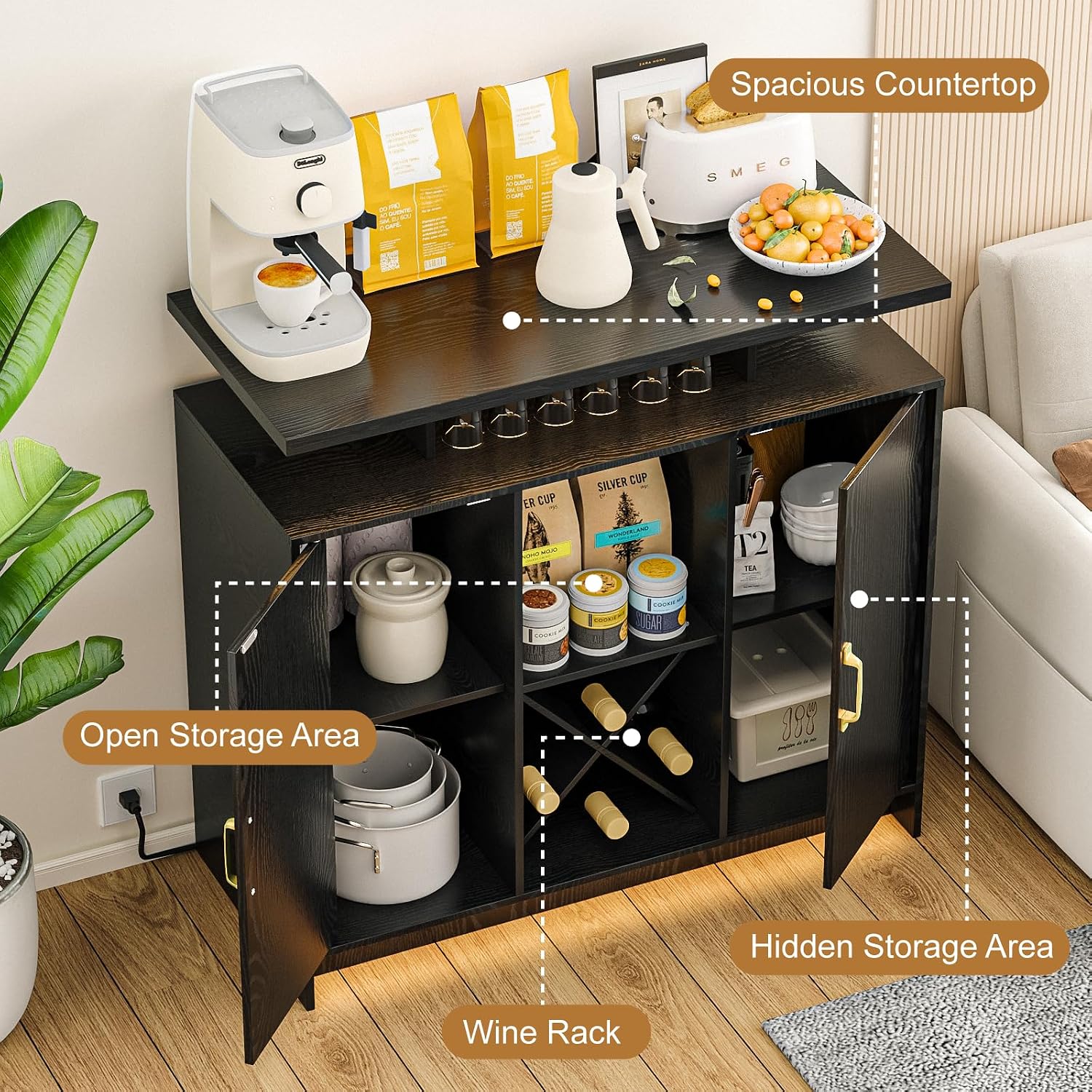 Wine Bar Cabinet with Power Outlet and LED Light, Coffee Bar Cabinet with Wine Rack, Storage Shelves and Cabinets, Large Space Liquor Cabinets for Kitchen Dining Room Living Room, Black