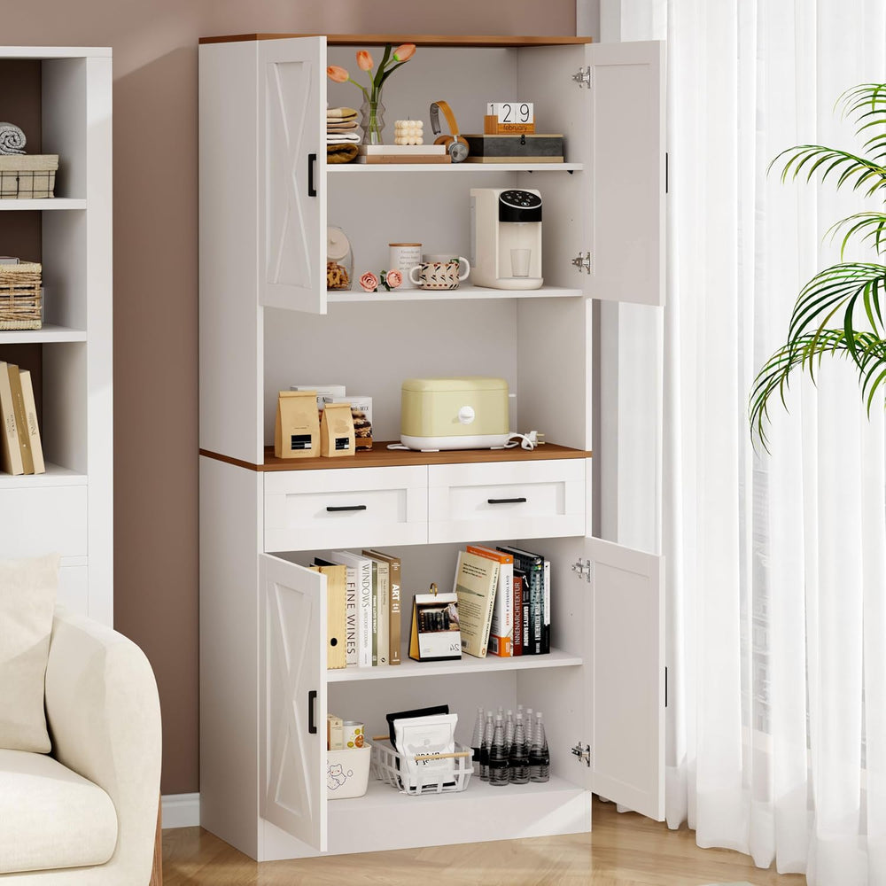 71“ Kitchen Pantry Storage Cabinet, Kitchen Hutch with Microwave Stand and Ad...