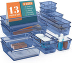 13 PCS Drawer Organizer Set, 5 Varied Size Bathroom and kitchen Drawer cabinet organizer Trays, Clear Storage Bins for Makeup, Jewelry, Utensils and Gadgets, Dark Blue