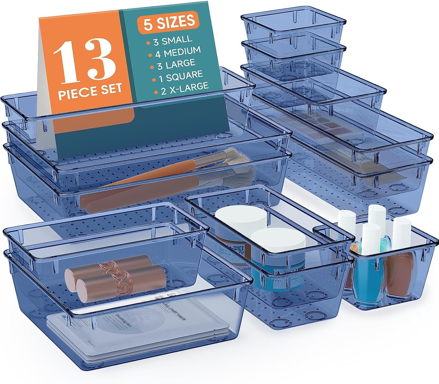 13 PCS Drawer Organizer Set, 5 Varied Size Bathroom and kitchen Drawer cabinet organizer Trays, Clear Storage Bins for Makeup, Jewelry, Utensils and Gadgets, Dark Blue
