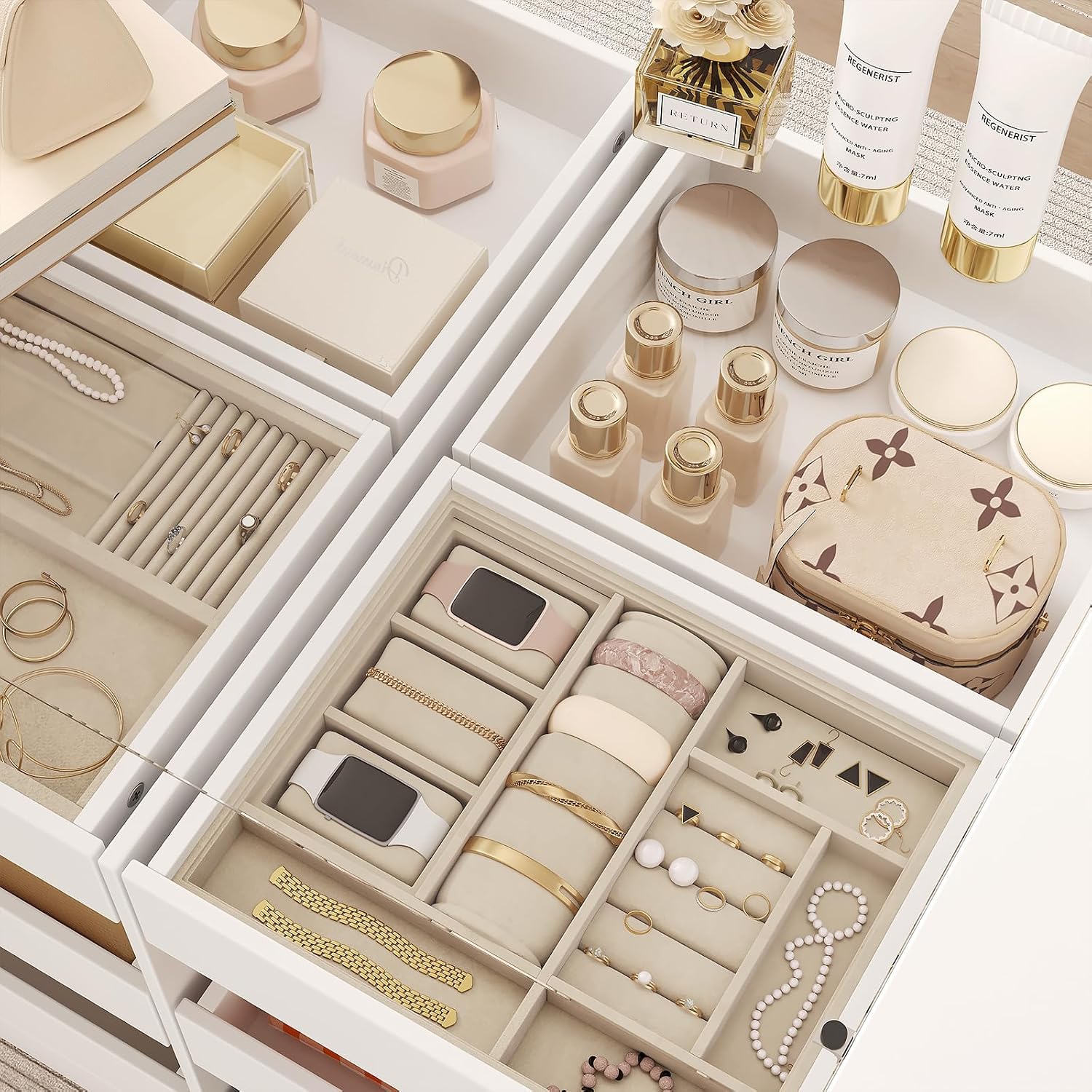 LIVAUVEAD Closet Island with 15 Drawers, Glass Top & Display Shelves, White | Wardrobe Armoire Bedroom Island, White Dresser with Glass Display Shelf, Walk-in Closet Island for Bedroom, Cloakroom