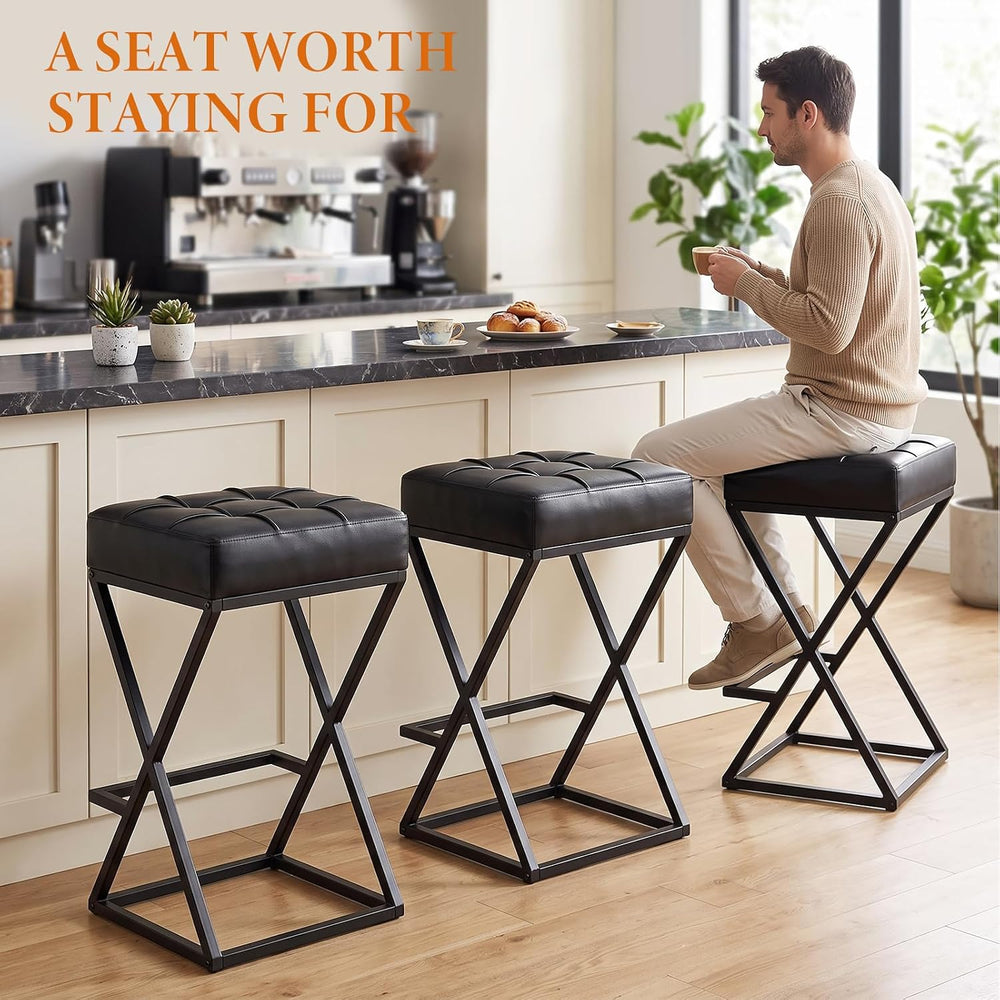 Bar Stools Set of 3, 26 Inch Counter Height Stool Faux Leather Black