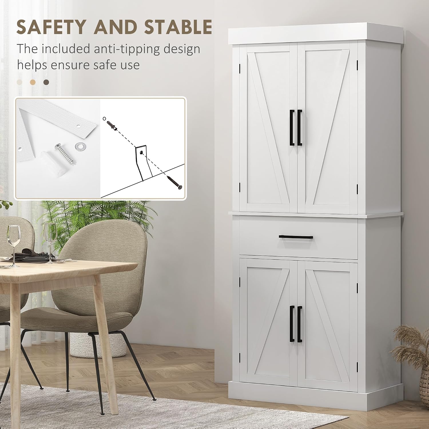 72" Tall Kitchen Pantry Storage Cabinet, Farmhouse Freestanding Sideboard Utility Cupboard Large Hutch Cabinets with 4 Barn Doors, Drawer and Adjustable Shelves, White