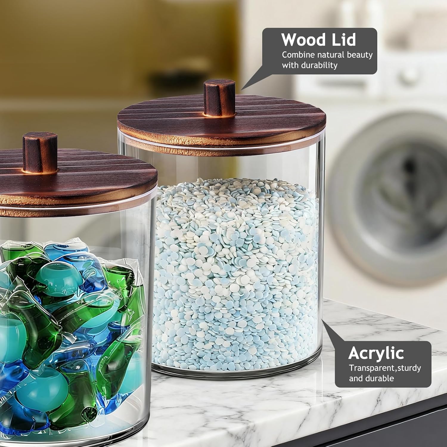 SheeChung 2 Pack 50 Oz Large Apothecary Jar with Wood Lid, Laundry Pods Container, Storage Jars for Bathroom Organization, Plastic Canisters with Cute Stickers Spoons(Dark Brown)