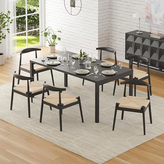 Farini Mid Century Modern Dining Chairs Set of 2, Solid Wood Frame Kitchen Chairs with Woven Upholstered Seat for Dining Room & Breakfast Nook,Black-Beige