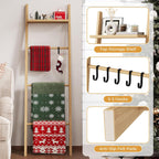 63" Bamboo Blanket Ladder with Shelf and 5 Hooks, Leaning Blanket Rack | 4 Tier Farmhouse Towel Ladder Rack, Decorative Quilt Rack Holder for Living Room Bedroom Bathroom, Natural Wood