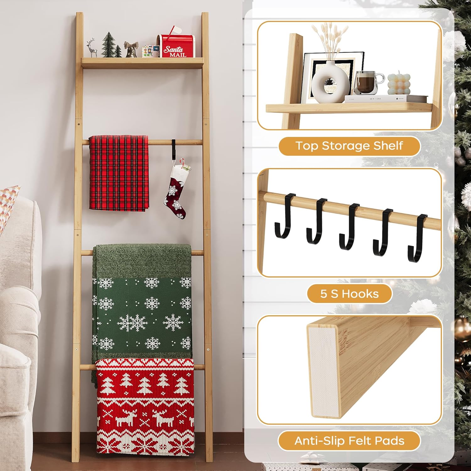 63" Bamboo Blanket Ladder with Shelf and 5 Hooks, Leaning Blanket Rack | 4 Tier Farmhouse Towel Ladder Rack, Decorative Quilt Rack Holder for Living Room Bedroom Bathroom, Natural Wood