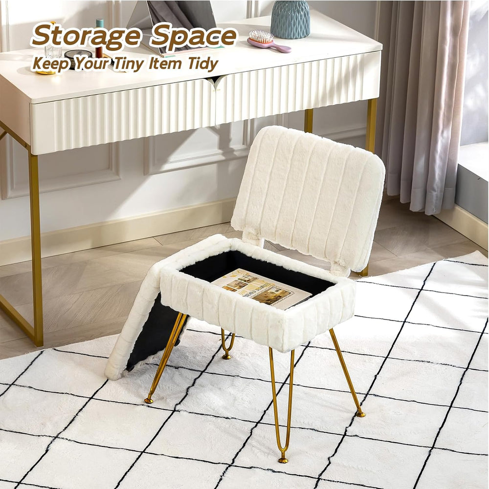 Vanity Chair with Storage | Comfy Ottoman with Folding Back | Faux Fur Vanity...