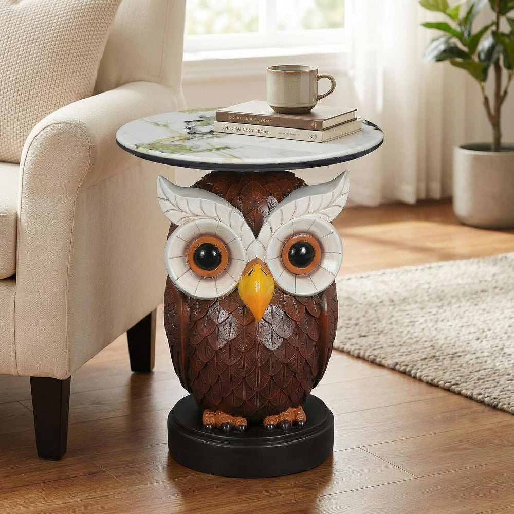 Virubi Owl Accent Table Animal Statue End Table, Round Faux Marble Top Side T...