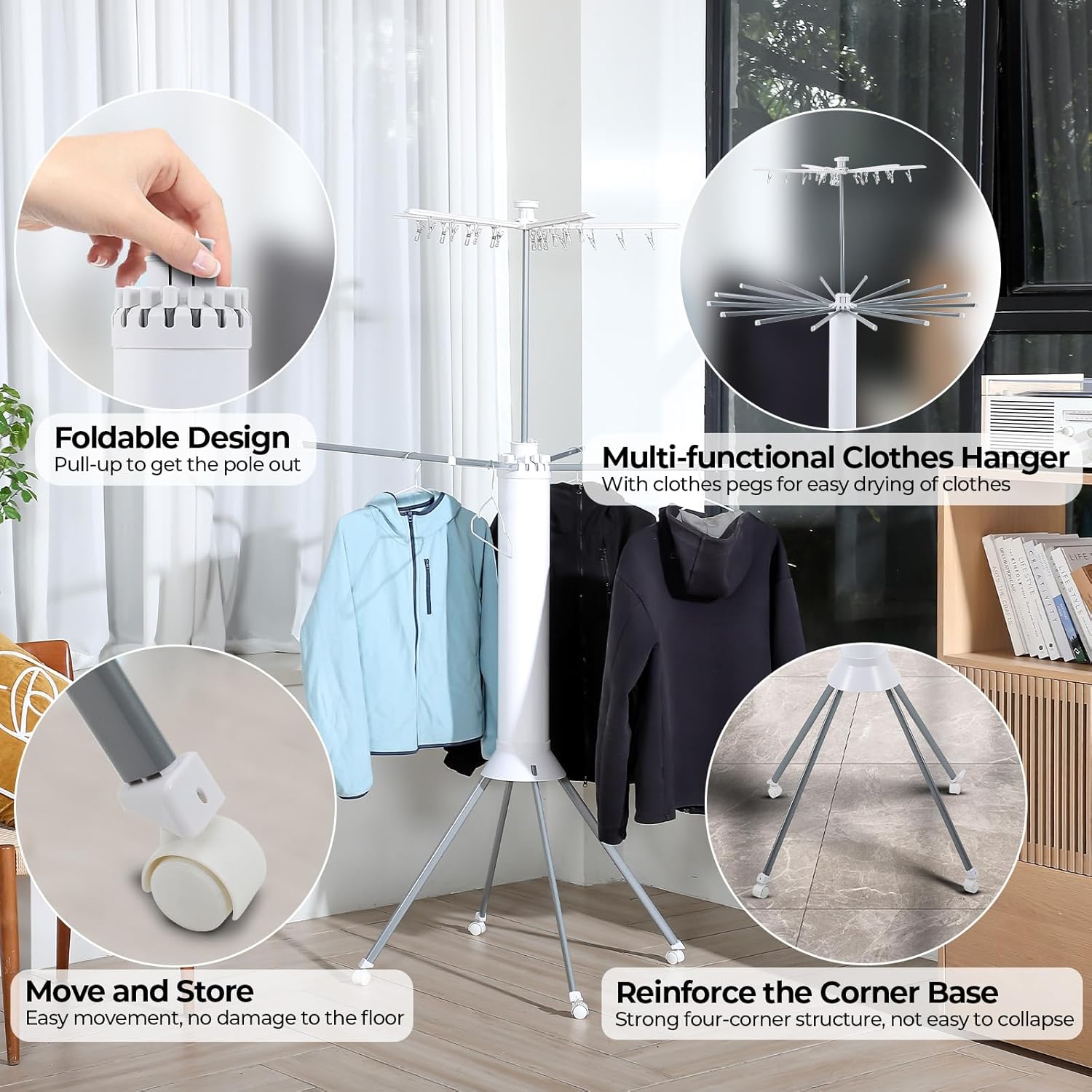 Dollate 4-Legged Clothes Drying Rack Foldable,Octopus-Shaped Portable Laundry Drying Rack,Outdoor and Indoor Collapsible Drying Rack with 4 Pulleys,2 Tier