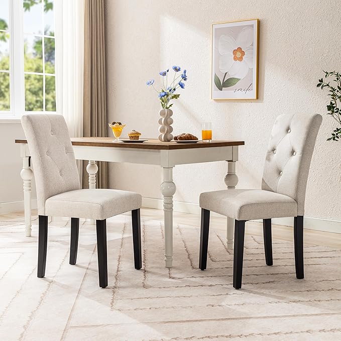 VECELO Upholstered Dining Chairs Set of 2, Modern Fabric and Solid Wood Legs ...