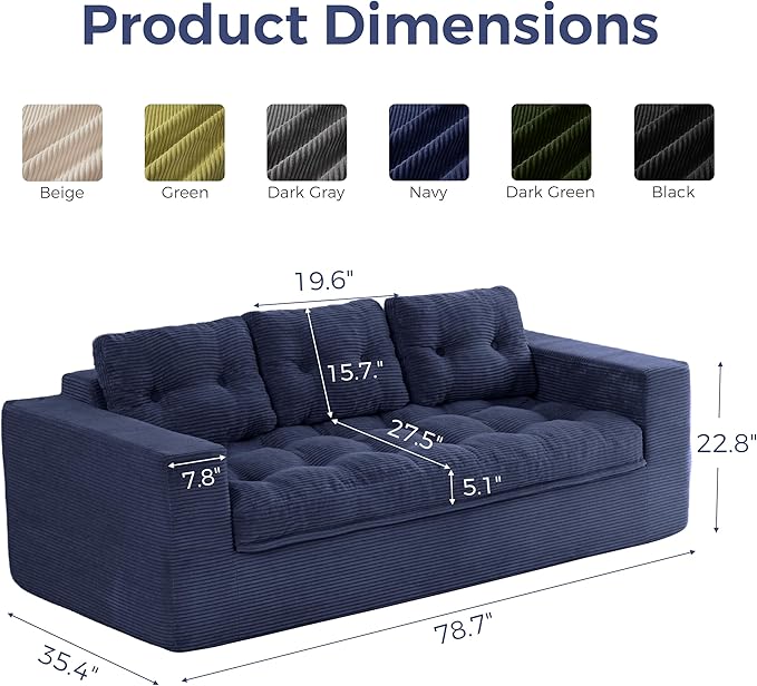 MAXYOYO 79" Loveseat Sofa Couch for Small Spaces, Upholstered Boneless Cloud Couch for Apartment Bedroom, 2-Seater Love Seat Floor Modern Sofa with Pillows, No Assembly Required, Navy