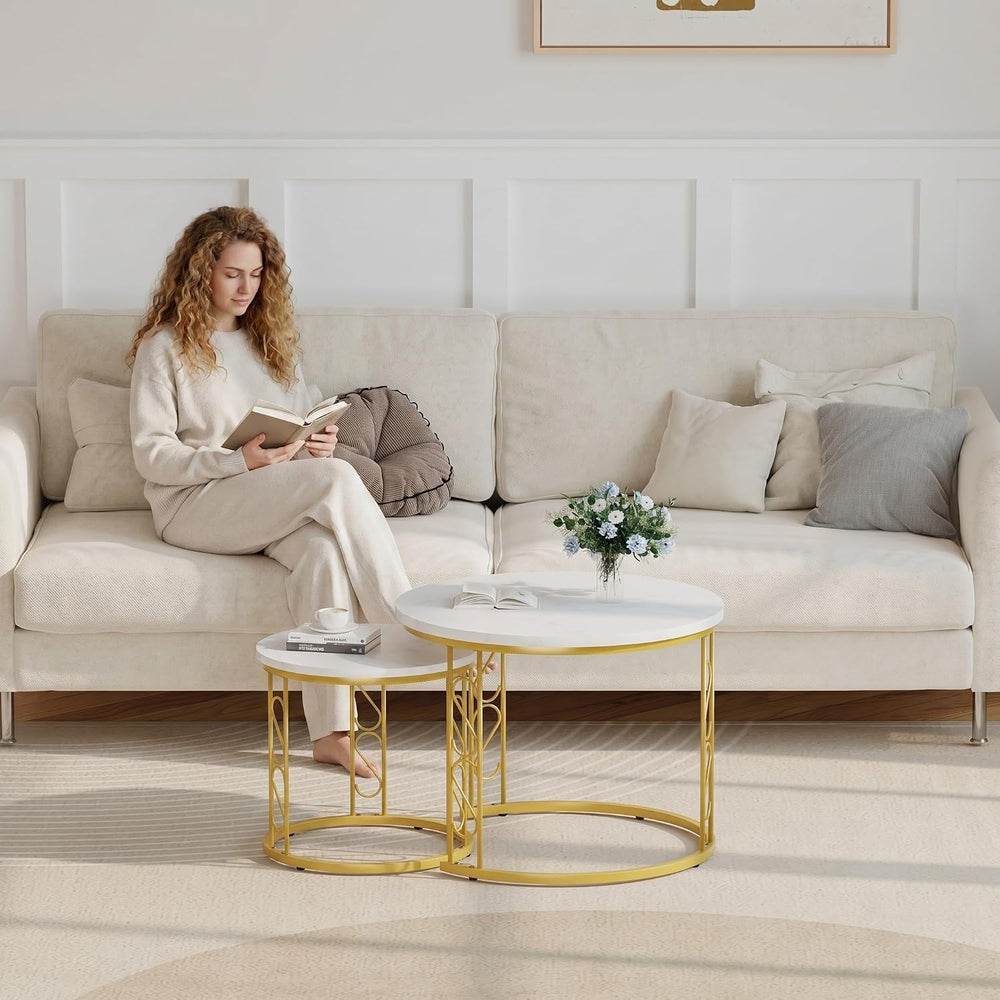 Garden 4 you Coffee Table Faux Marble Nesting Table for Small Place 2 Sets Mo...