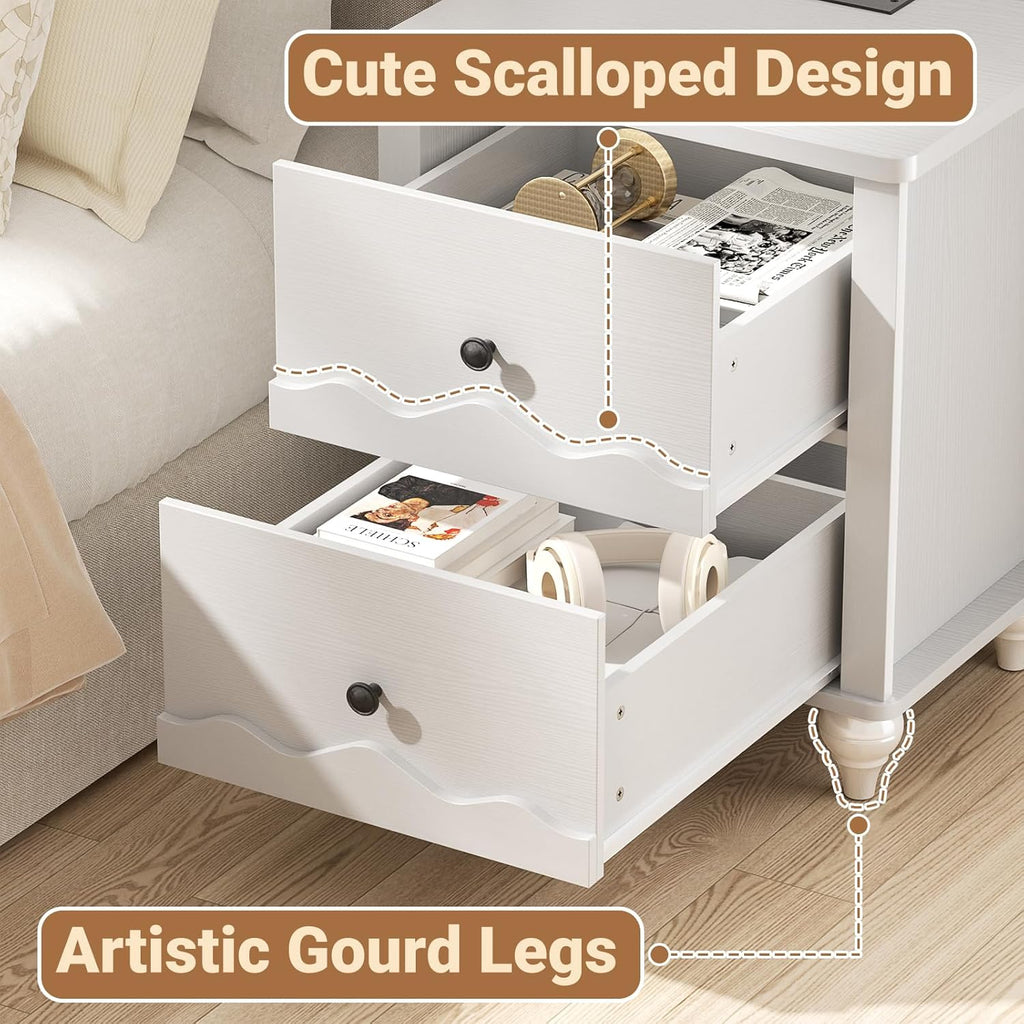 Cyclysio Nightstand with Charging Station, Side End Table with 2 Drawers, Modern Wood Night Stand with Scalloped Pattern for Bedroom, Bedside Night Tables with Solid Wood Gourd Legs