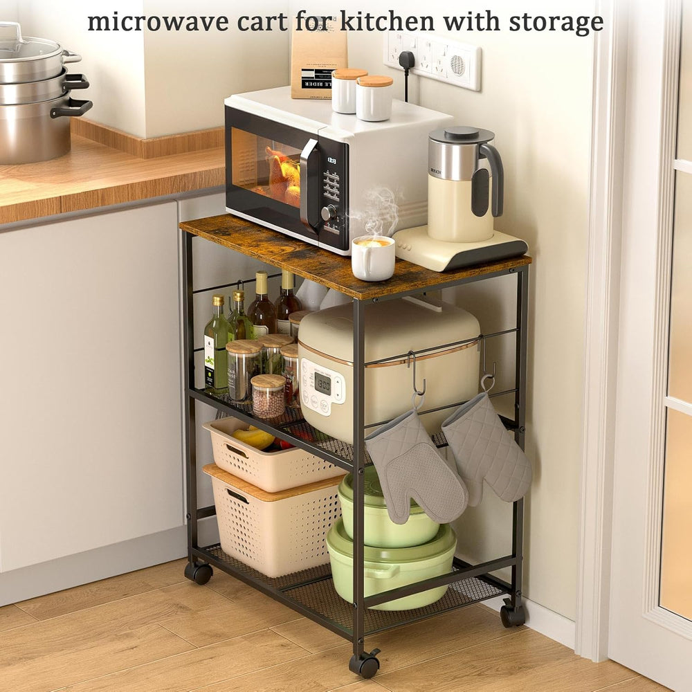 ThreeHio Rolling Kitchen Microwave Cart, 3 Tier Microwave Table Stand with St...