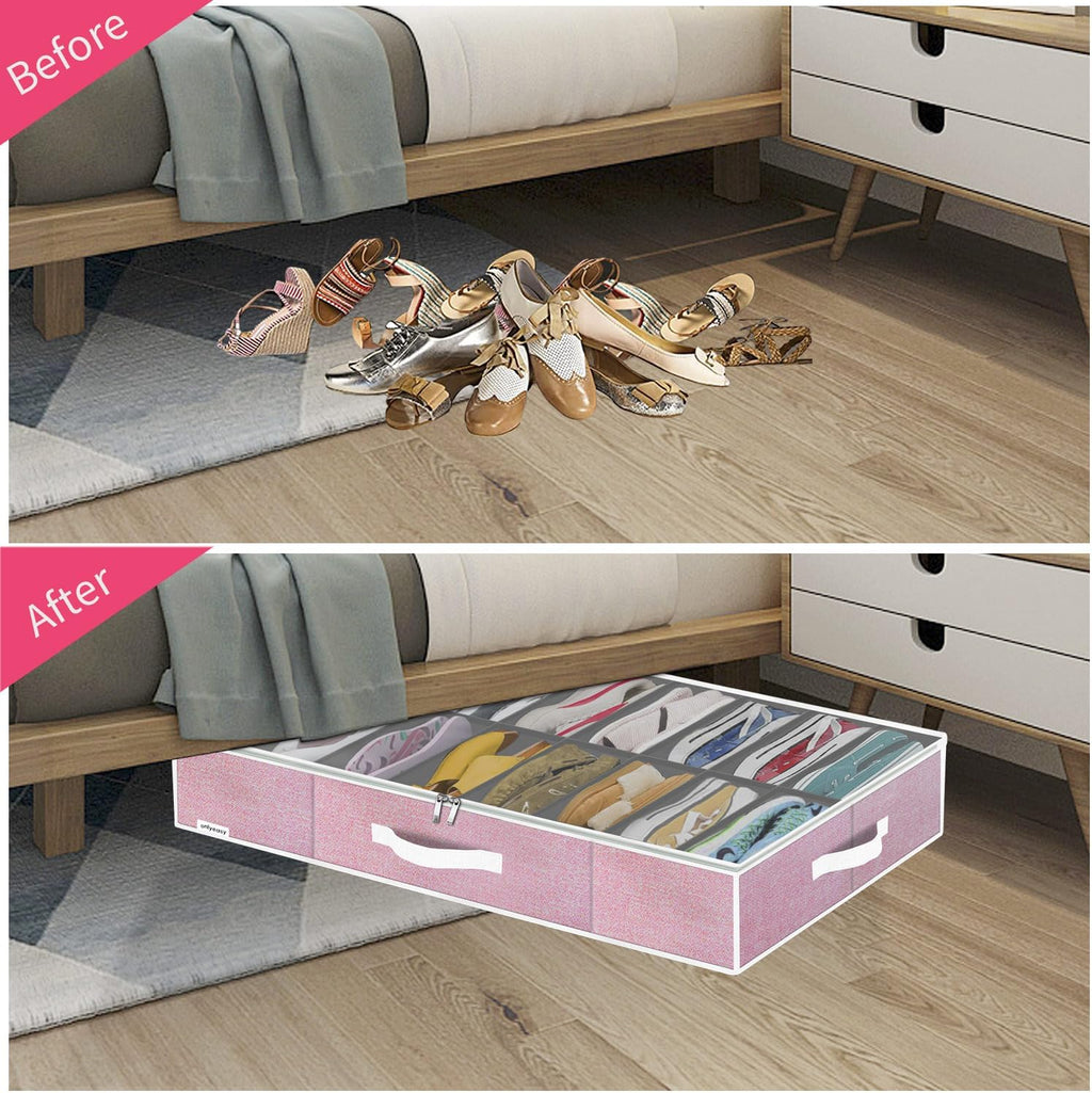 Onlyeasy Large Under Bed Shoe Organizer Container Box, Set of 2, Fit 16 to 32 Pairs of shoes, Underbed Shoes Closet Storage Solution, L37.7x W23.6x H5.9 inch, Cotton-like Pink, MXPUBS16P2