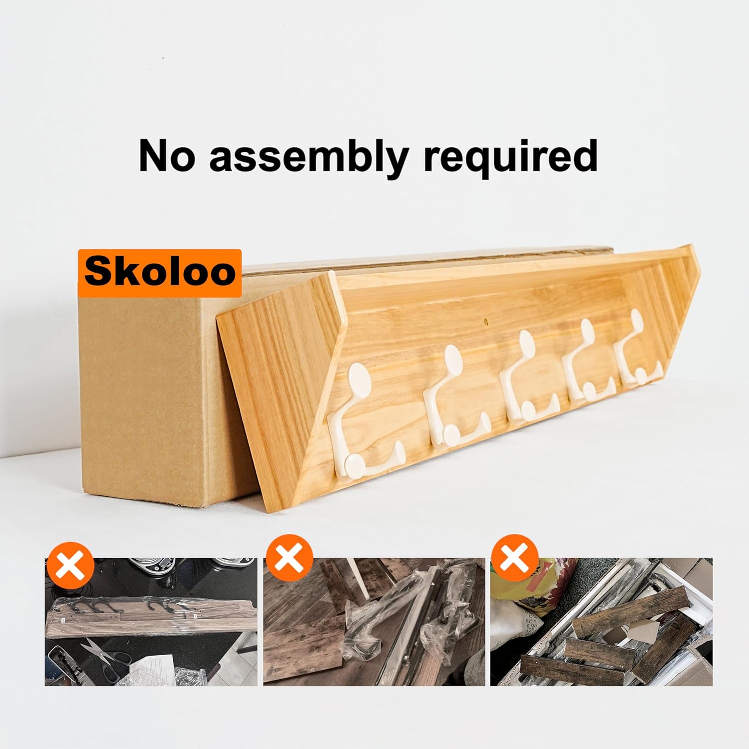 SKOLOO Wall Shelf with Hooks, 35-Inch Coat Rack Wall Mount with Shelf Organizer - Lightweight & Sturdy, 5 Tri Hooks - Perfect for Entryway, Hallway, Living Room, Bedroom, Mudroom, Natural & White
