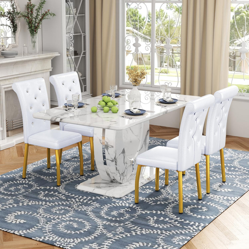 Modern Faux Marble Dining Table Set for 4, 63" White Rectangular Kitchen...