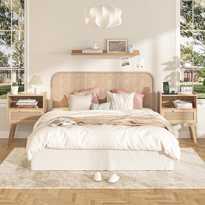 Lerliuo Rattan Nightstand with Charging Station, Boho Night Stand with Handma...