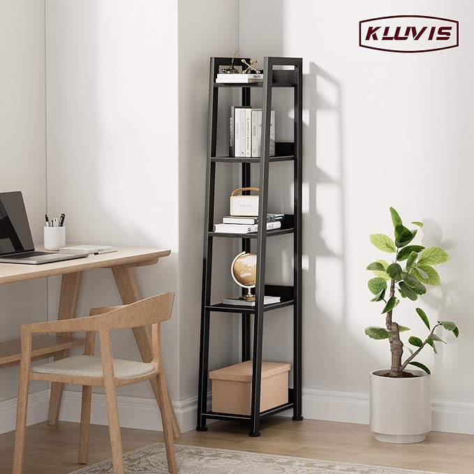 Narrow Ladder Shelf for Small Spaces - 5 Tier Thin Bookshelf Skinny Book Shelves Slim Bookshelves 60 inch Tall, Black (02B)