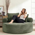 Oversized Round Chair Lounge Chaise Indoor, 55.5" Upholstered Corduroy Deep Seat Single Cloud Sofa Chair, Fluffy Modern Large Circle Boneless Sleeper Sofa for Living Room, Bedroom, Green