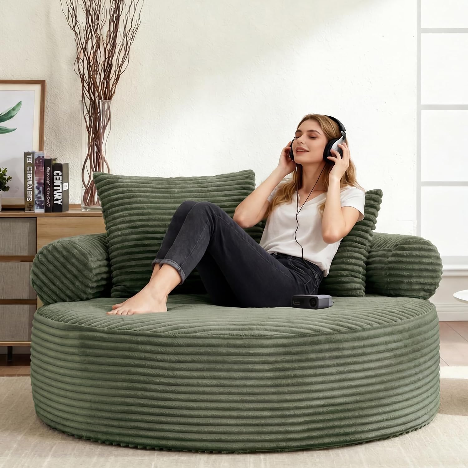 Oversized Round Chair Lounge Chaise Indoor, 55.5" Upholstered Corduroy Deep Seat Single Cloud Sofa Chair, Fluffy Modern Large Circle Boneless Sleeper Sofa for Living Room, Bedroom, Green