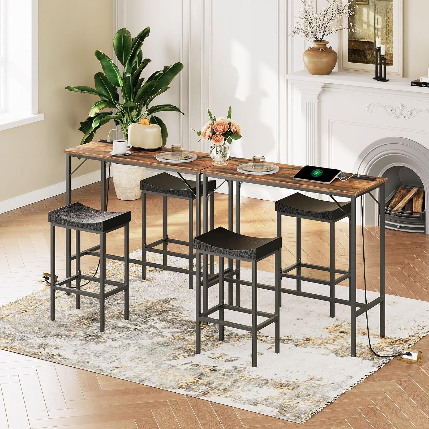 HOOBRO 3-Piece Bar Table and Chairs Set, 39.4" Pub Table, High Top Bar Table with Charging Station, 3-Piece Dining Table Kitchen Breakfast Table Set, for Kitchen, Small Space, Rustic Brown BF10UBT01