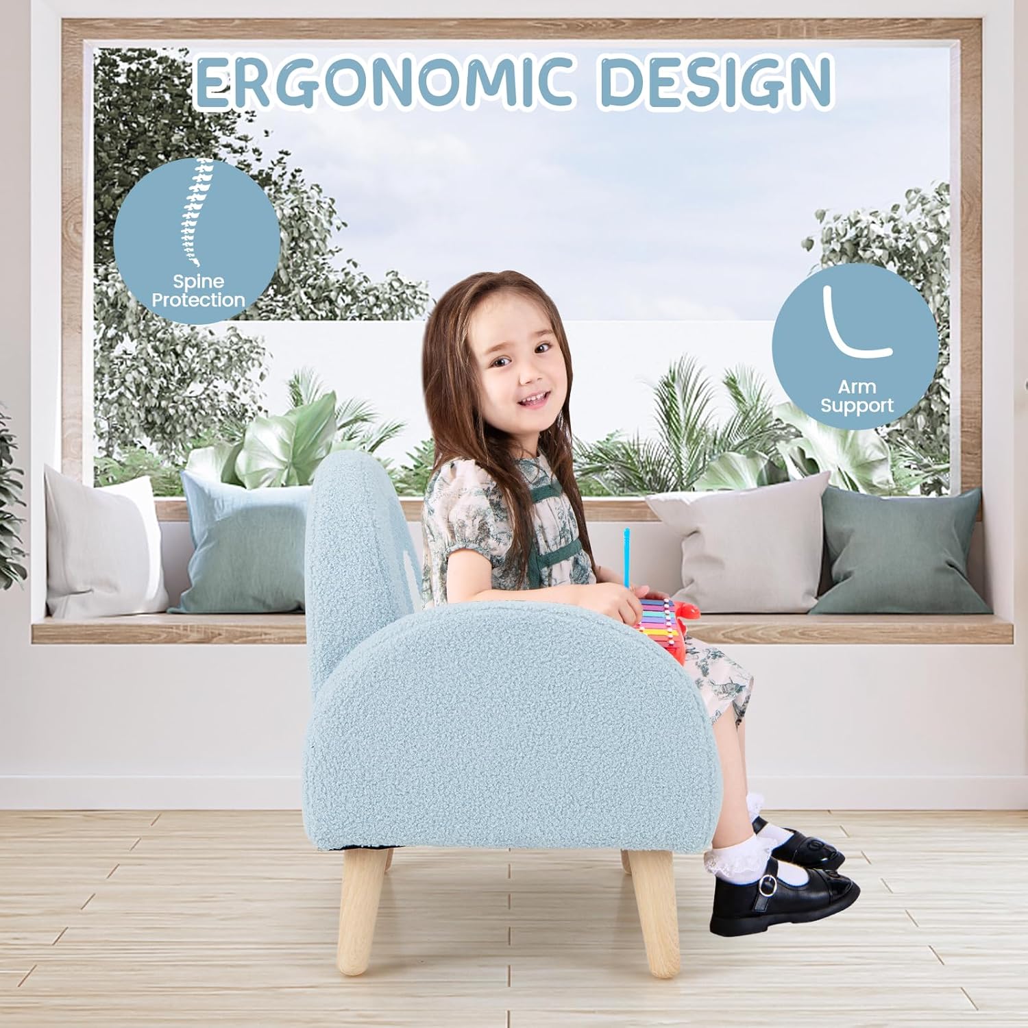 INFANS Kids Sofa, Toddler Armchair with Solid Wooden Frame Anti-Tipping Design Plush Fabric, Upholstered Children Chair for Kindergarten Playroom Preschool, Gift for Boys Girls, Toddler Couch
