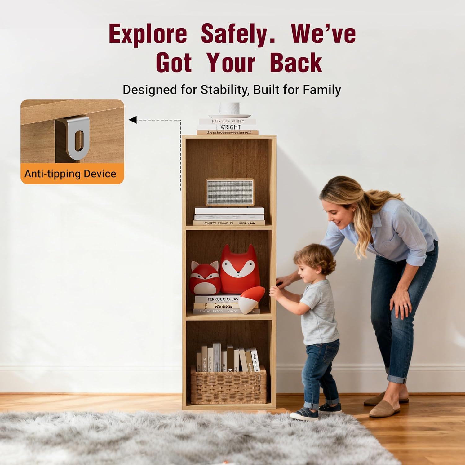 Book Shelf, Wooden Cube Storage Organizer with 11" Open Cubes, Stackable Modular Bookcase for Room Divider Storage, 3 Tier Bookshelf for Living Room, Bedroom, Office (Oak, 3-Cube)
