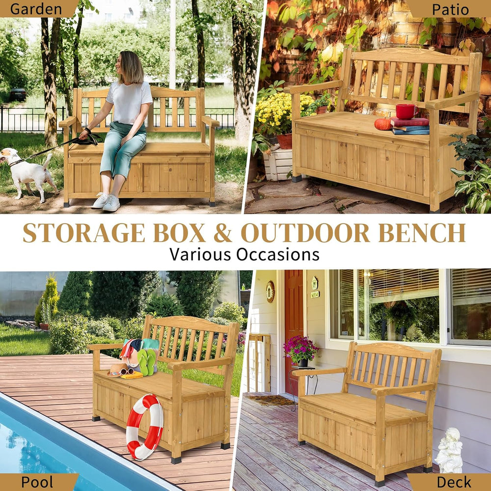 Outdoor Wooden Storage Bench, Large Deck Box with Seating & Armrest, Pati...