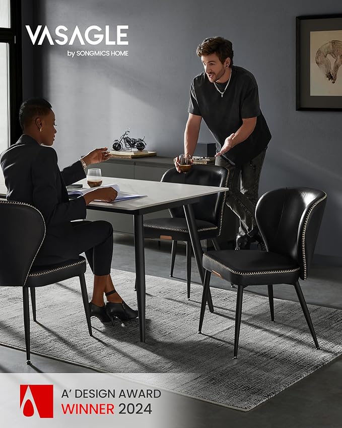 VASAGLE EKHO Collection - Dining Chairs Set of 2, Upholstered Kitchen Chairs, Comfortable Seat, Synthetic Leather with Stitching, Mid-Century Modern, Easy Assembly, Living Room Lounge, Ink Black