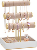 SONGMICS Bracelet Holder Stand, Jewelry Display Stand, Jewelry Organizer, with 3 Tiers and Velvet Tray, Removable Ring Holder, Christmas Gift, Cloud White and Camel Brown UJJS027A01