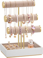 SONGMICS Bracelet Holder Stand, Jewelry Display Stand, Jewelry Organizer, with 3 Tiers and Velvet Tray, Removable Ring Holder, Christmas Gift, Cloud White and Camel Brown UJJS027A01