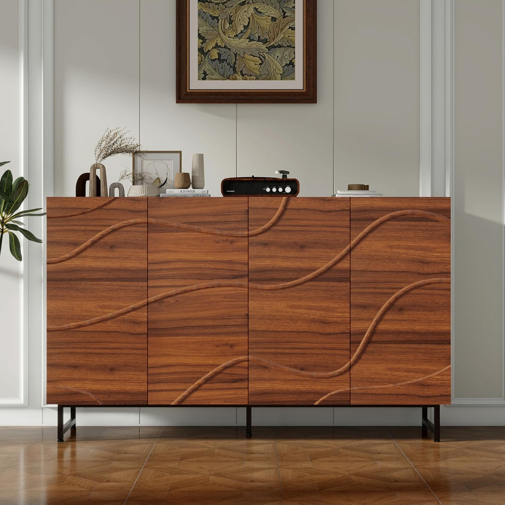 Modern Sideboard with Wave Relief Design, 59 Inch Solid Wood Storage Cabinet ...