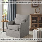 Martha Stewart London Swivel Chair - Solid Wood & Plywood, Skirted Metal Base Accent Armchair, Lumbar Pillow -Modern Classic Family Room Sofa Furniture Bedroom Lounge, 28"X31.5"X35.25", Grey