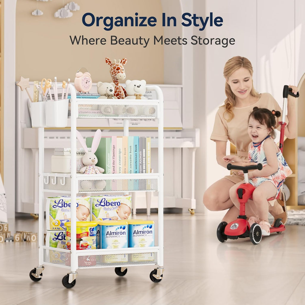 YASONIC 3 Tier Metal Rolling Cart, White Utility Storage Cart with Wheels | Metal Mesh Craft Cart With Hooks & Hanging Cups, Ideal For Kitchen, Bathroom, Office, Dorm, Art Workspace, Bedside Storage