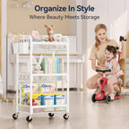 YASONIC 3 Tier Metal Rolling Cart, White Utility Storage Cart with Wheels | Metal Mesh Craft Cart With Hooks & Hanging Cups, Ideal For Kitchen, Bathroom, Office, Dorm, Art Workspace, Bedside Storage