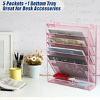 EASEPRES Desk File Organizer Mesh 6-Tier, Hanging Wall Mount Document Organization Stand, Desktop Vertical Mail Paper Folder Holder Rack with Bottom Tray for Office Home Cubicle Countertop, Pink