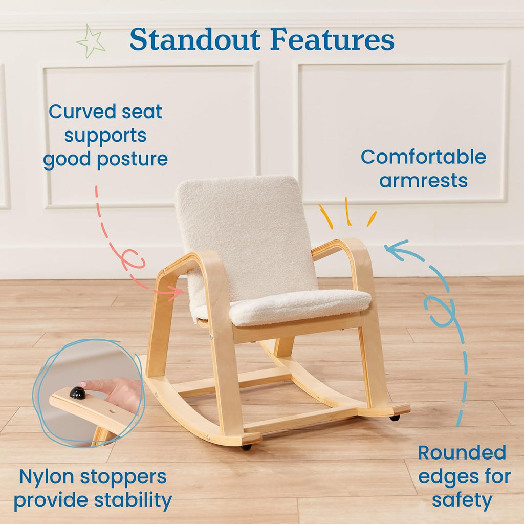 ECR4Kids Bentwood Rocking Chair with Armrests and Cushion, Natural | Durable birch, GREENGUARD Gold Certified, 2-5 years, 74 lb capacity, Montessori seating, plush sherpa cushion, classroom/home