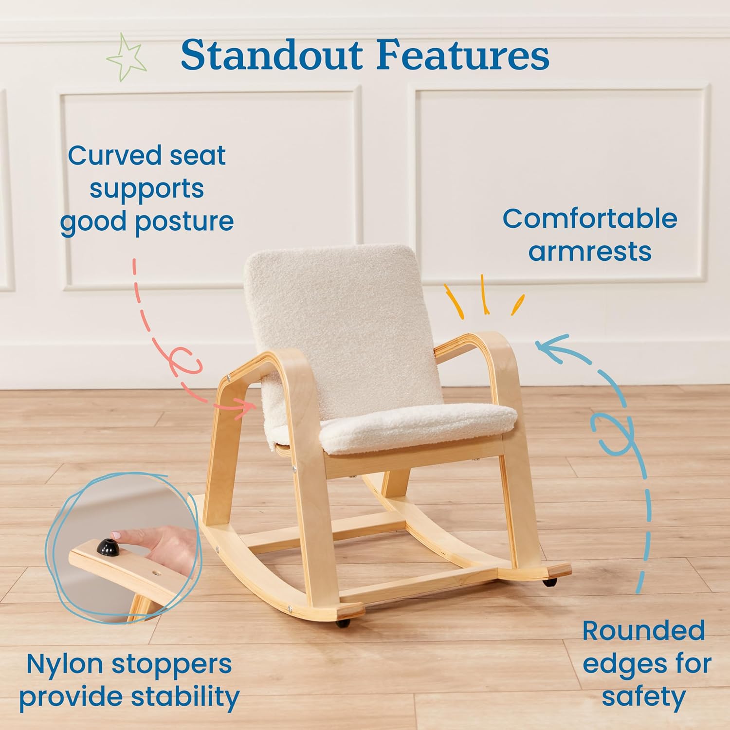 ECR4Kids Bentwood Rocking Chair with Armrests and Cushion, Natural | Durable birch, GREENGUARD Gold Certified, 2-5 years, 74 lb capacity, Montessori seating, plush sherpa cushion, classroom/home