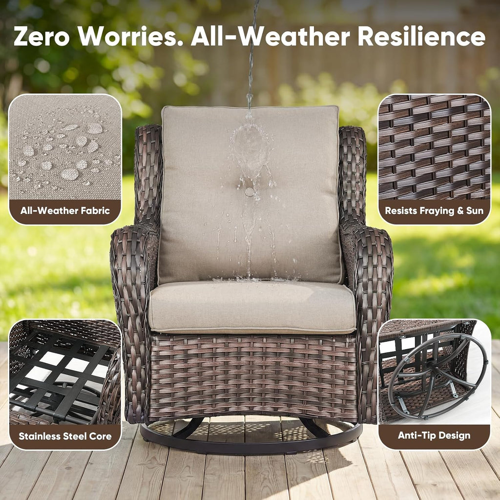 Belord Patio Wicker Chairs Swivel Rocker,Outdoor Patio Furniture Set with Rattan Side Table, All Weather Conversation Set for Porch Poolside Balcony, Brown Wicker/Beige