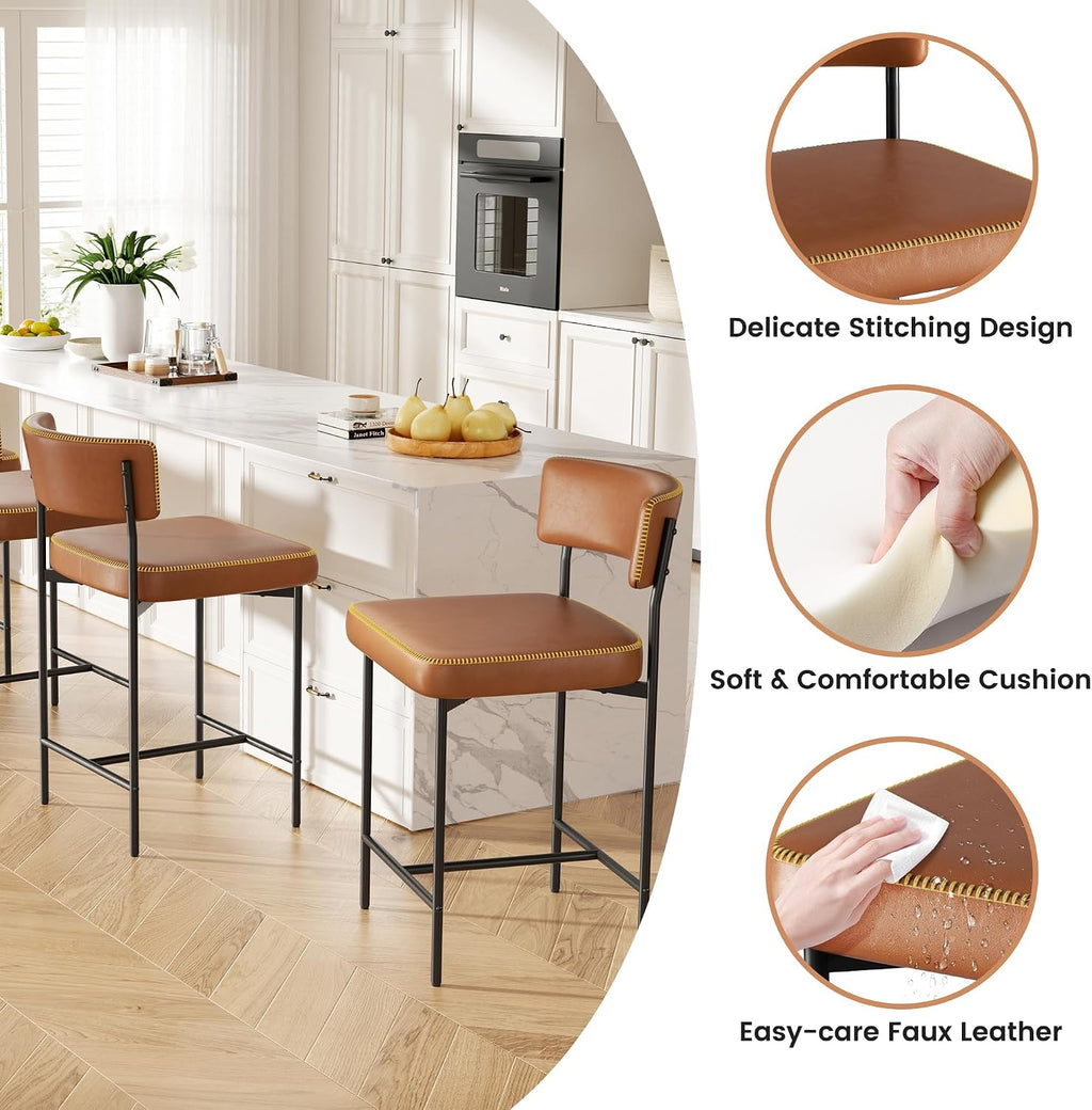 Bar Stools Set of 4, Faux Leather Counter Height Barstools with Curved Back, 25 Inch Upholstered Bar Chairs, Modern Counter Stools for Kitchen lsland, Caramel