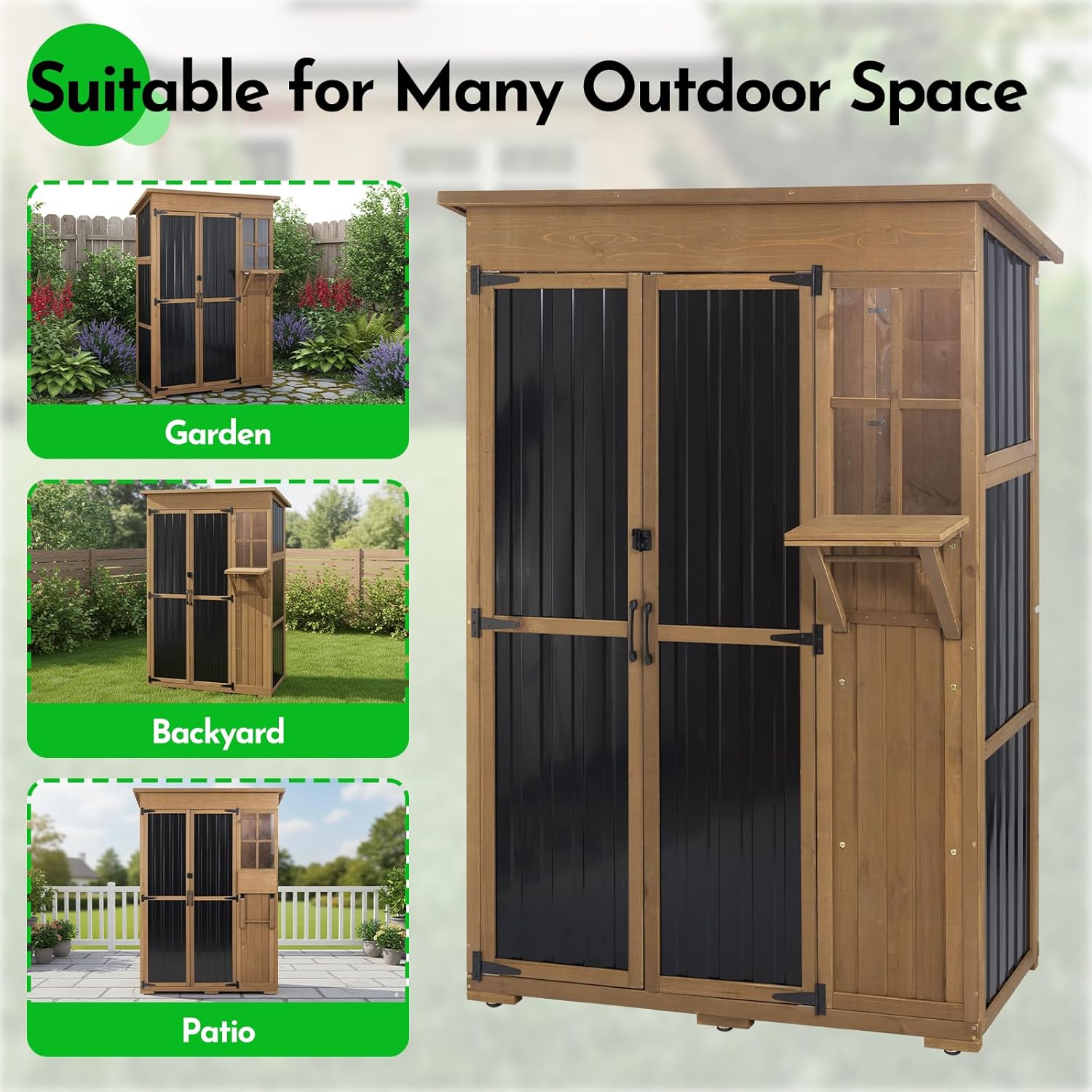 Large Storage Shed, Wood & Metal Outdoor Storage Cabinet with External Foldable Table,Waterproof Roof,Three Shelves, Outdoor Cabinets for Patio Backyard, Garden Garage Tool Shed, Brown